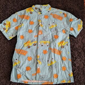 Vibrant Casual Button Down Shirt with Orange and Blue Design